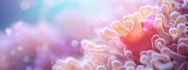 Fototapeta premium A tight shot of a pink-white sea anemone against a backdrop of blue-pink sea anemone