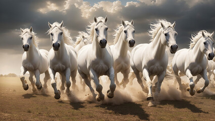 This image shows a herd of white horses running across a field.

