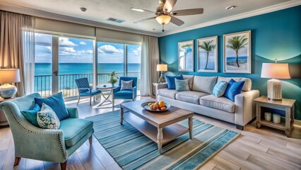 This beachfront condominium boasts modern style, serene gulf views, and calming blue hues, inviting relaxation and tranquility in a coastal paradise.
