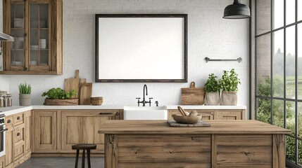 Cozy Farmhouse-Style Kitchen with White Frame Mockup - Rustic Wooden Island,Farmhouse Sink,and Warm Cabinetry Create a Welcoming and Inviting Domestic Space