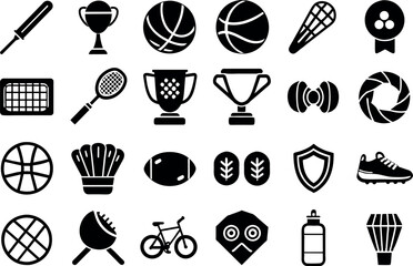 Sports related items such as Soccer ball, basketball, tennis racket, baseball, football, golf & many more editable stroke outline icons isolated on white background flat vector illustrati