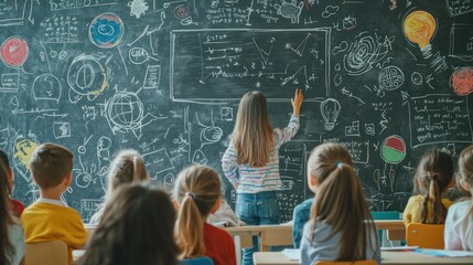 Engaged Children in Classroom Listening to Teacher Lecture with Educational Blackboard Background, Generative Ai 