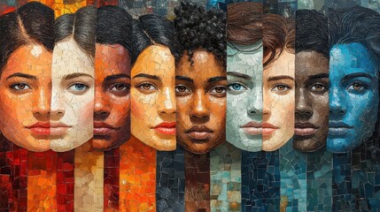 diverse group portrait featuring people of various ages ethnicities and genders arranged in a vibrant mosaic style with overlapping faces and expressive features