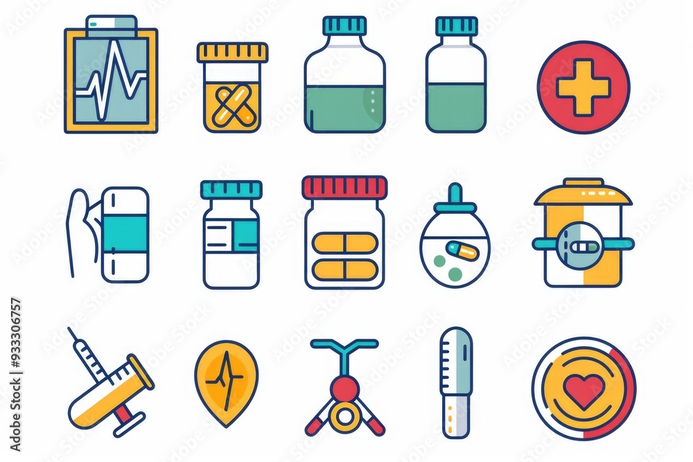 Poster assorted medical items on a table or shelf, suitable for use in a clinic or hospital setting