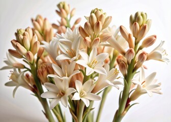 Obraz premium Delicate, creamy white tuberose blooms with slender stems and leaves stand upright against a pure white background, exuding elegance and sophistication in simplicity.
