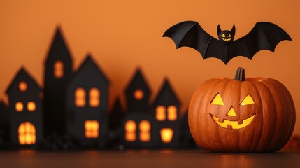 Fototapeta premium Enchanting Halloween Night - Pumpkin and Bat Soaring Above Spooky Town with Glowing Lights, Copy Space, Selective Focus, Ultra HD