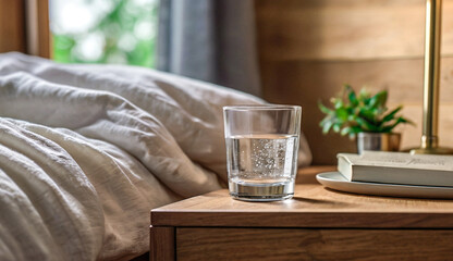 A glass of water and a small potted plant rest on a wooden bedside table, next to a neatly made bed, emphasizing the calm and healthful atmosphere of morning hydration.
