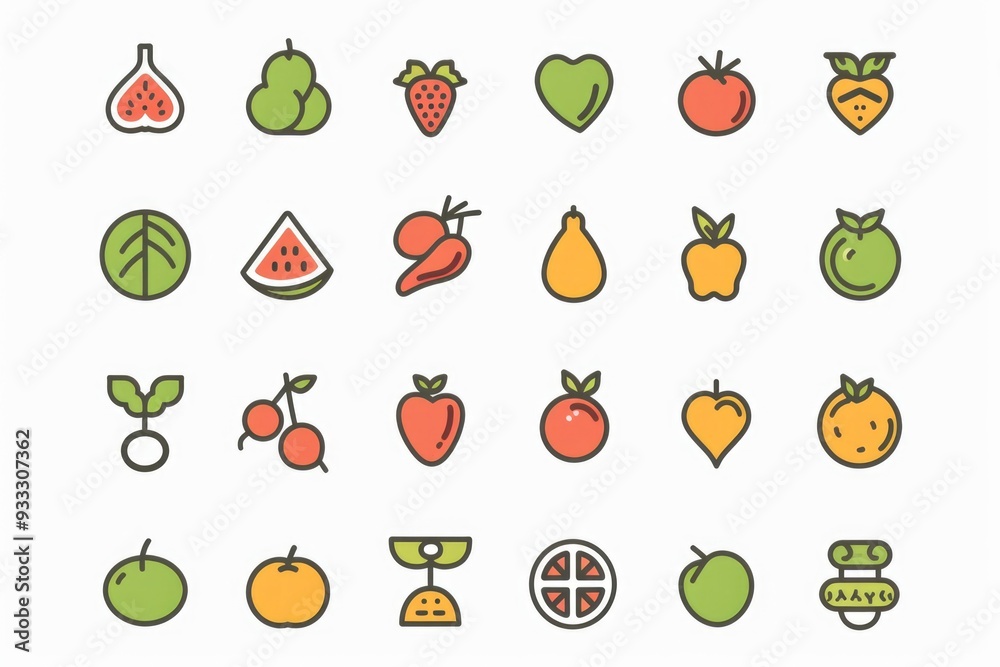 Poster set of colorful icons featuring various fruits and vegetables