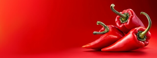  A red countertop holds a cluster of red peppers, their vibrant hue contrasting against the bold red backdrop
