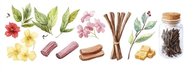 Licorice root flower tea and candy collection Watercolor illustration created by hand set against a white background