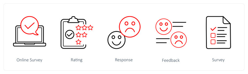 A set of 5 survey and ratings icons such as online survey, rating, response
