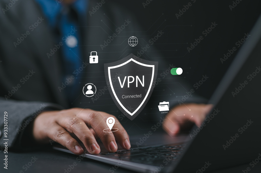 Poster VPN Virtual Private network protocol concept, Man hand typing on keyboard computer with VPN icon on virtual screen. VPN concept. Cybersecurity, internet secure, online system network.