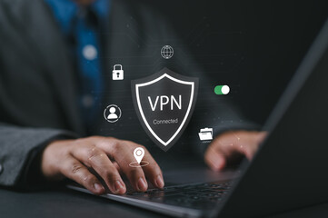 VPN Virtual Private network protocol concept, Man hand typing on keyboard computer with VPN icon on virtual screen. VPN concept. Cybersecurity, internet secure, online system network.