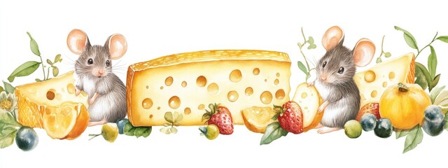 New Year celebration Cheese varieties Year of the mouse Watercolor artwork Isolated design