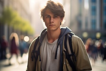 Fototapeta premium A young man wearing a backpack and a jacket stands in a busy city street
