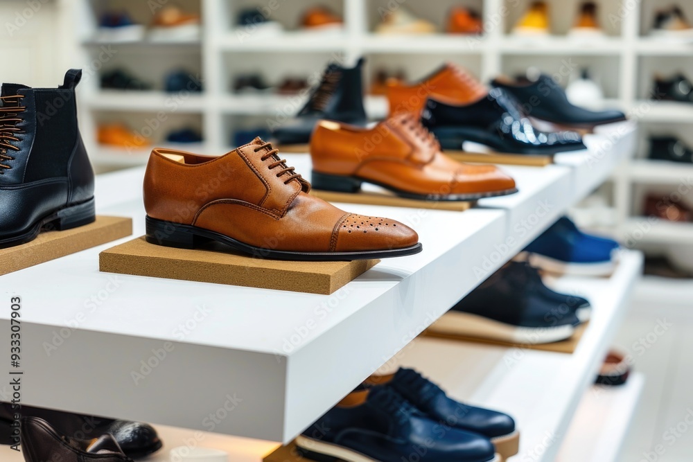 Poster row of men's shoes displayed on shelves in a shoe store