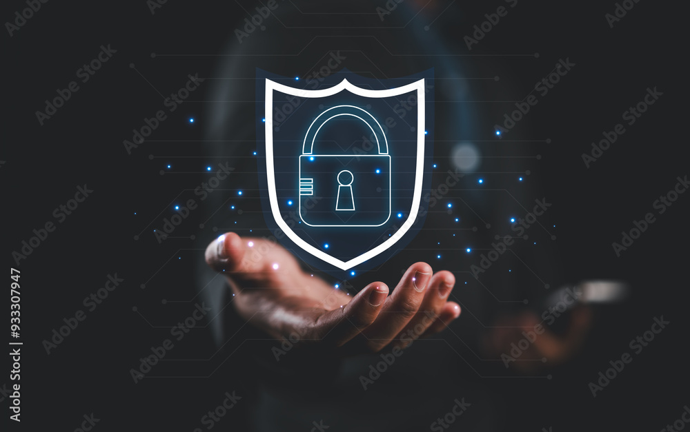 Poster businessman hand showing shield icon with lock sign computer password protection concept, internet n