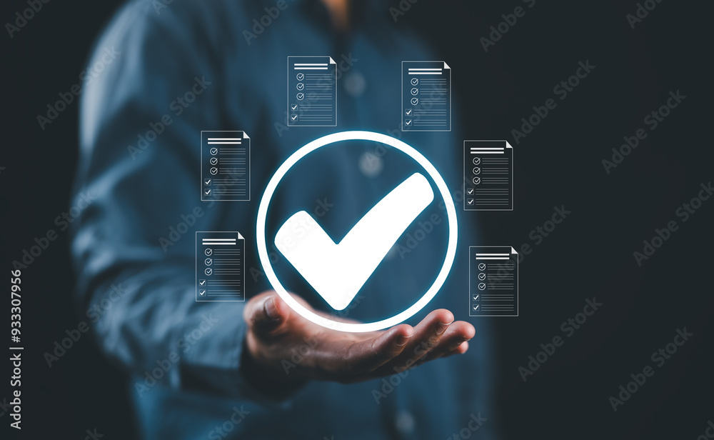 Poster hand show checkmark task audit in a list of documents, tick process order. checklist concept, documents survey item, detail business verify task, tick mark evaluation in options check form online