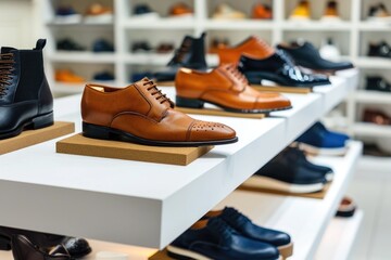 Row of men's shoes displayed on shelves in a shoe store