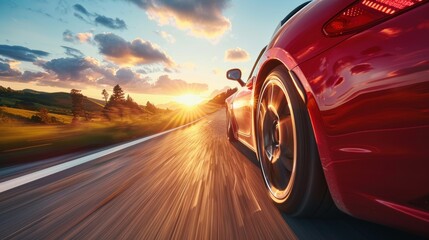 A red sports car is speeding on an open highway.