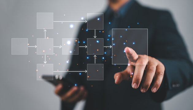 businessman show diagram algorithm flow, organigram, and hierarchy scheme. design workflow automation with flowcharts. model structure digital and data management and Business process