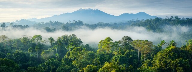 Fototapeta premium A forest teeming with numerous trees, a mountain distant with a cloud veiling its peak