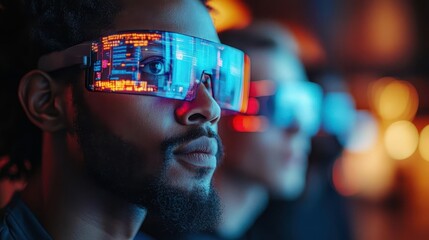 diverse team of programmers in hightech collaborative workspace holographic displays augmented reality interfaces energetic atmosphere sleek design cool blue lighting accents