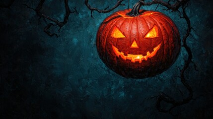 Naklejka premium Enchanted Pumpkin Hanging in Haunted Orchard with Magical Glow - Ultra HD