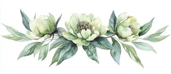 Fototapeta premium Isolated Peony Foliage Green Peony Leaves Watercolor Artwork