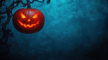 Naklejka premium Enchanted Pumpkin Hanging from Twisted Vine in Haunted Orchard with Magical Glow - Halloween Fantasy Concept