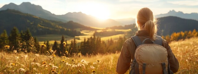 Obraz premium A woman, holding a backpack, stands in a field filled with wildflowers Sunlight bathes the mountains behind her