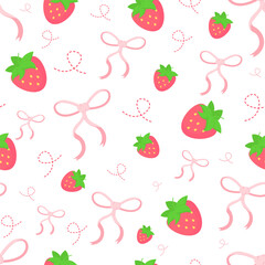 Seamless pattern with a pink bow and strawberries on a white background