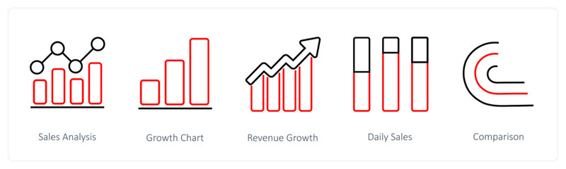 A set of 5 diagram and report icons such as sales analysis, growth chart