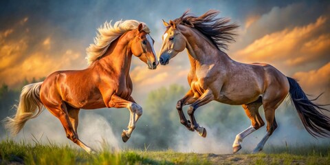 Two horses engage in playful banter, their tails swishing in tandem as they mock-chase each other in a whimsical dance of joy and friendship.