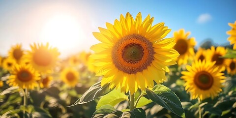 Field of Sunflowers with Sun Shining Through - Photo