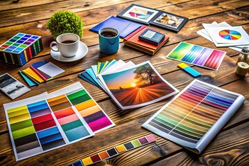 A colorful array of printing materials, including business cards, brochures, and flyers, is artfully arranged on a rustic wooden table surrounded by creative design elements.