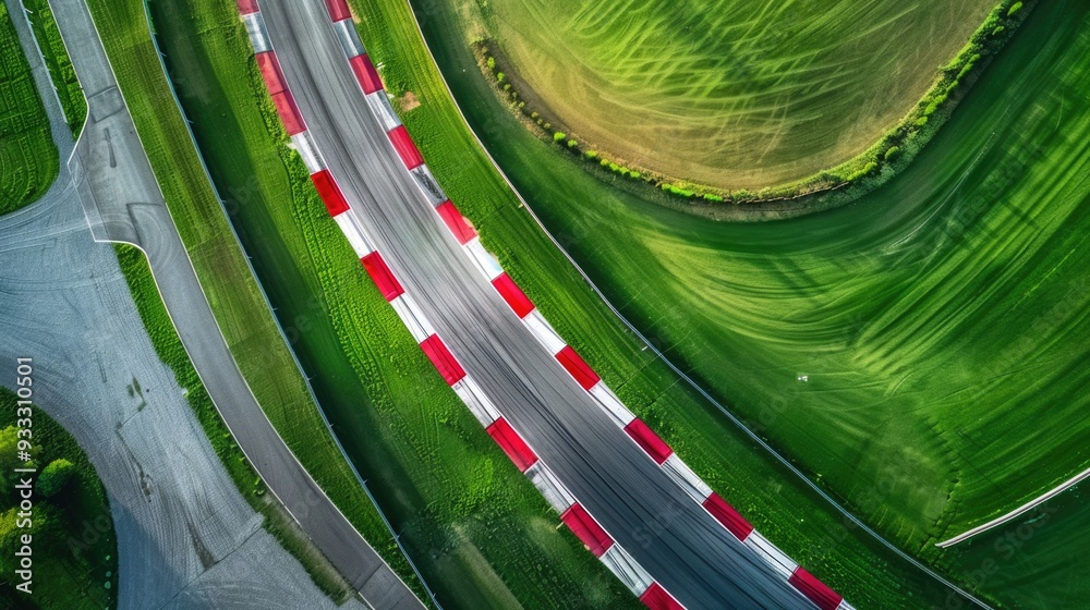 Poster Aerial view of a road with distinctive red and white stripes, suitable for use in travel or infrastructure projects