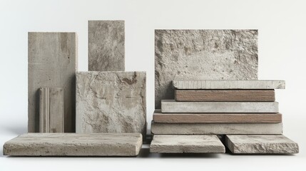 Concrete and wood blocks isolated on a white background, perfect for product placement or design.