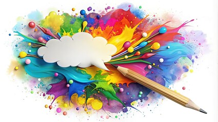 A colorful illustration of a thought bubble with a pencil and paper inside, surrounded by vibrant splashes of paint, representing creative opinion formation.