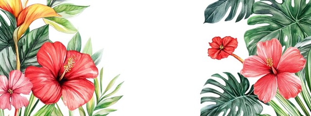 Fototapeta premium Elegant frame featuring vibrant watercolor tropical flowers and lush leaves against a white backdrop