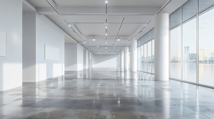 Naklejka premium Bright and spacious empty room with large windows letting in natural light in a modern building