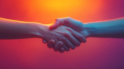 Hands meet in a firm handshake, illuminated by striking colors, representing partnership and mutual understanding.
