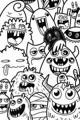 Hand-drawn illustrations, monsters doodle, Hand Drawn cartoon monster illustration,Cartoon crowd doodle hand-drawn Doodle style.black and white stripes coloring  book.