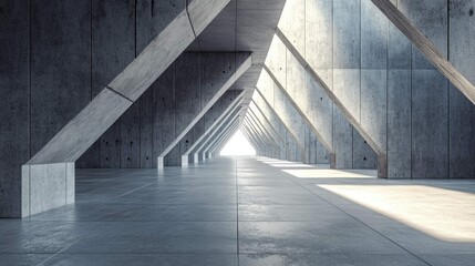 Concrete Corridor with Diagonal Beams and Sunlight.