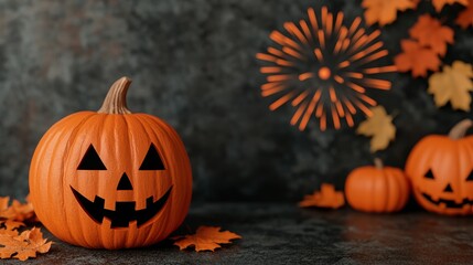 Festive Pumpkin Fireworks Display on Halloween Night in Cartoon Style with Colorful Fun Elements and Copy Space, Selective Focus,