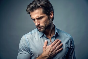 Fototapeta premium A contemplative male figure stands with his hand gently placed on his chest, conveying a sense of sincerity, empathy, and heartfelt emotional connection.