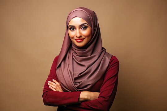 A confident Muslim woman wearing a burgundy hijab and modest clothing stands against a neutral background, conveying a sense of elegance and self-assurance.