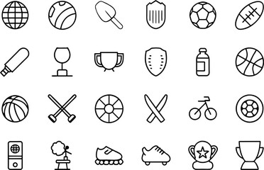 Sports related items such as Soccer ball, basketball, tennis racket, baseball, football, golf & many more editable stroke outline icons isolated on white background flat vector illustrati