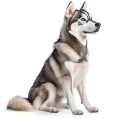 Fototapeta premium A dog with a blue eye sits on a white background