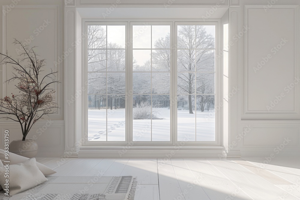 Poster a clean and minimalist space with a large window and a white rug